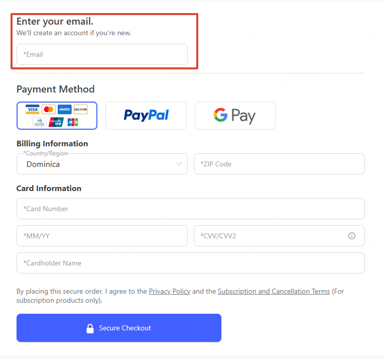 enter your email at checkout