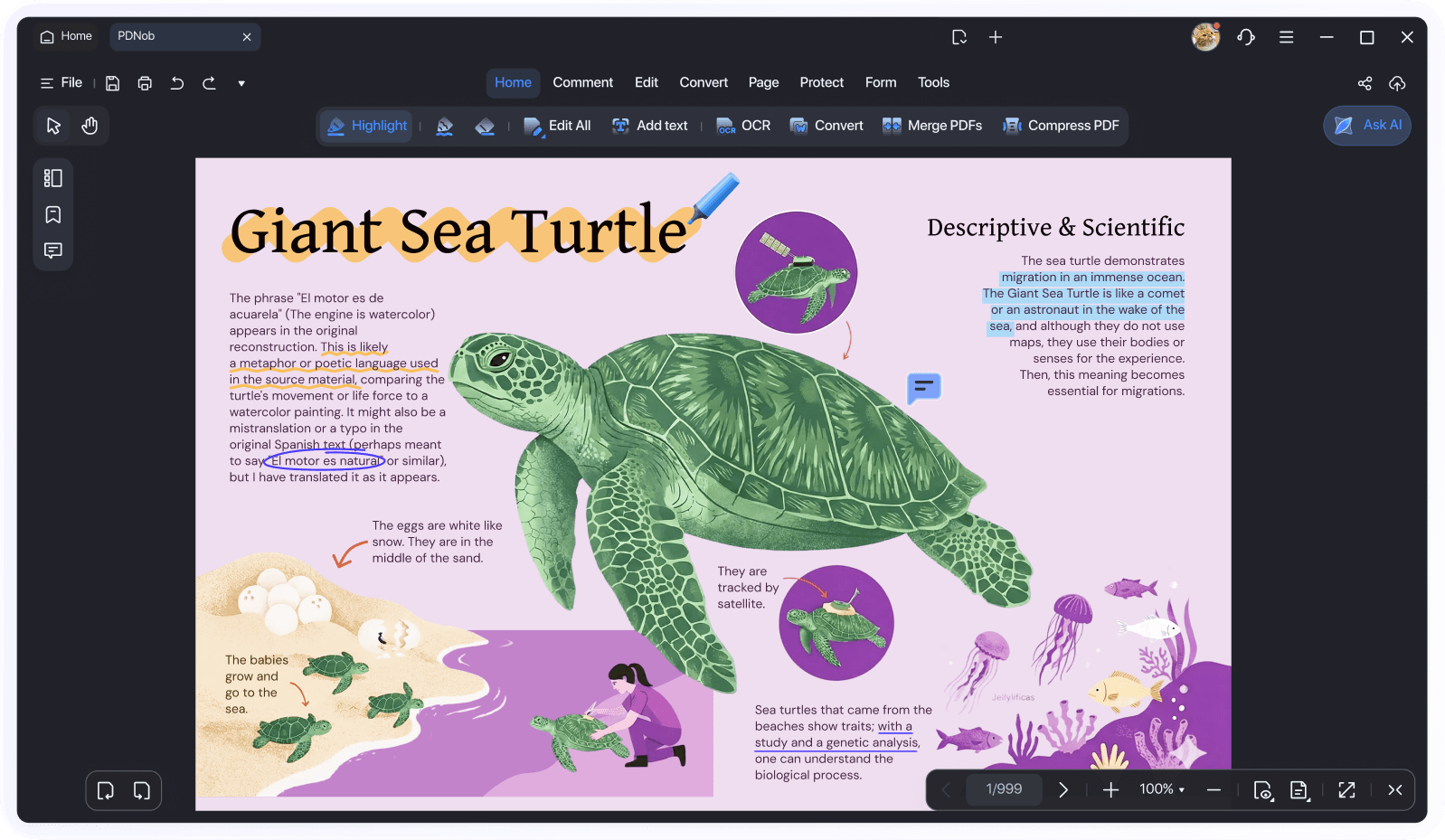 PDF reading and annotation interface in dark mode