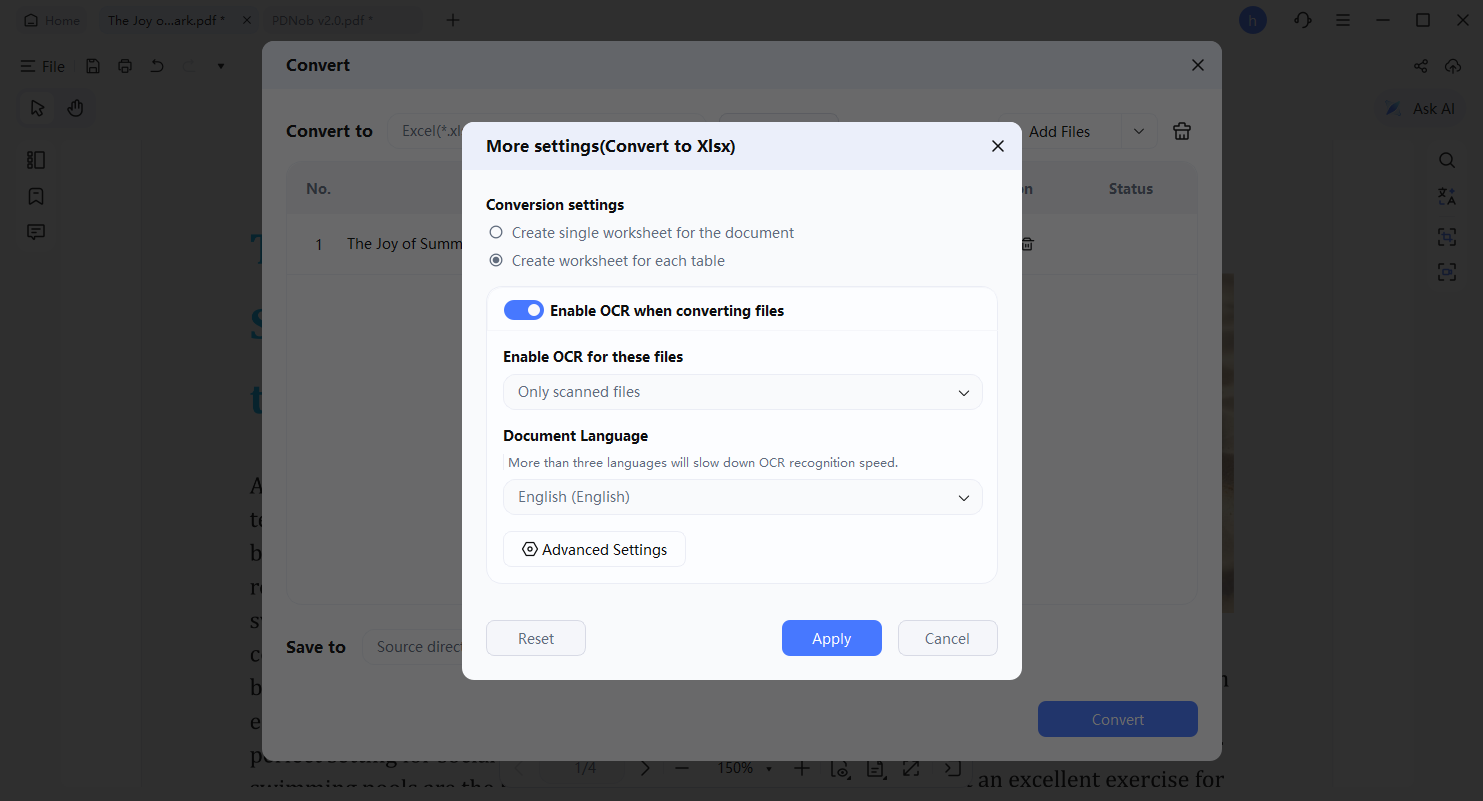convert to excel settings