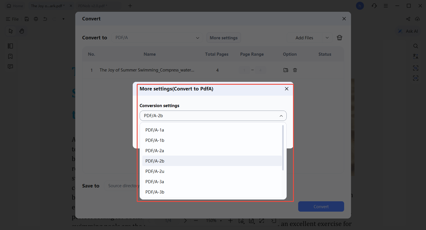 convert to pdf/a settings