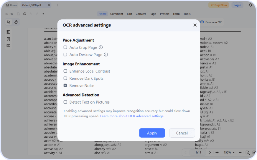 Advanced OCR settings